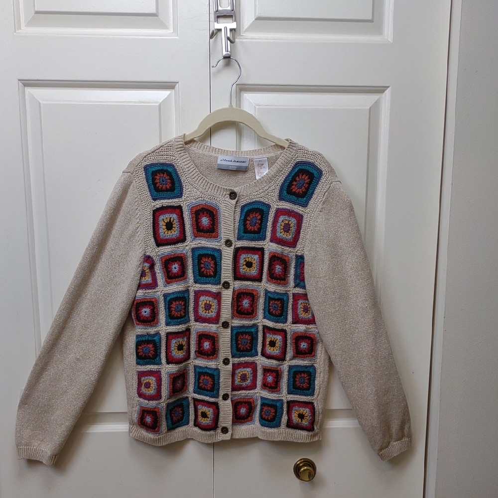 Alfred Dunner Vintage Crochet Granny Square Beige Ramie Cotton Knit Cardigan PXL - Picture 2 of 16